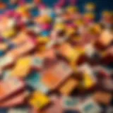 A captivating representation of lottery tickets scattered with vibrant colors