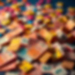 A captivating representation of lottery tickets scattered with vibrant colors