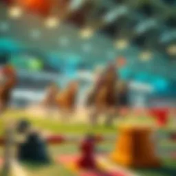 A vibrant depiction of a horse racing board game in action